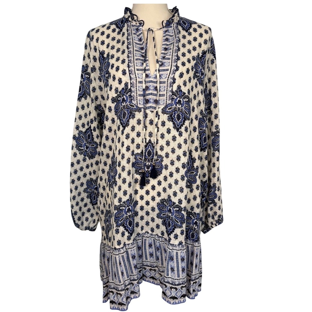 Zara Dress Blue White Paisley Linen Blend Ruffle Tunic Dress XL